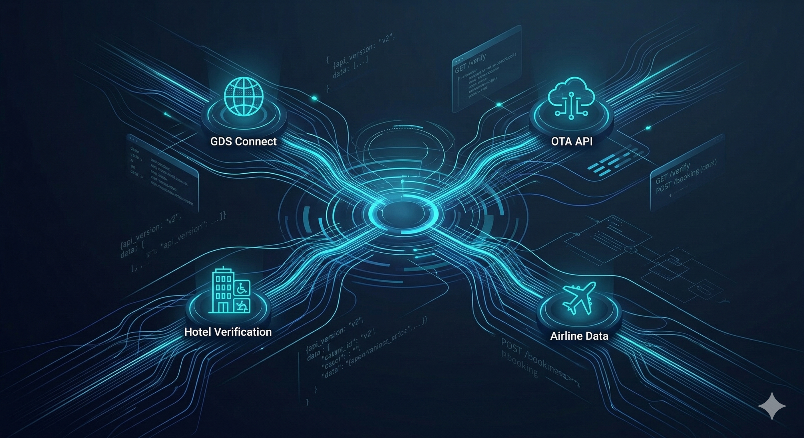 Data visualization of API endpoints connecting global travel systems